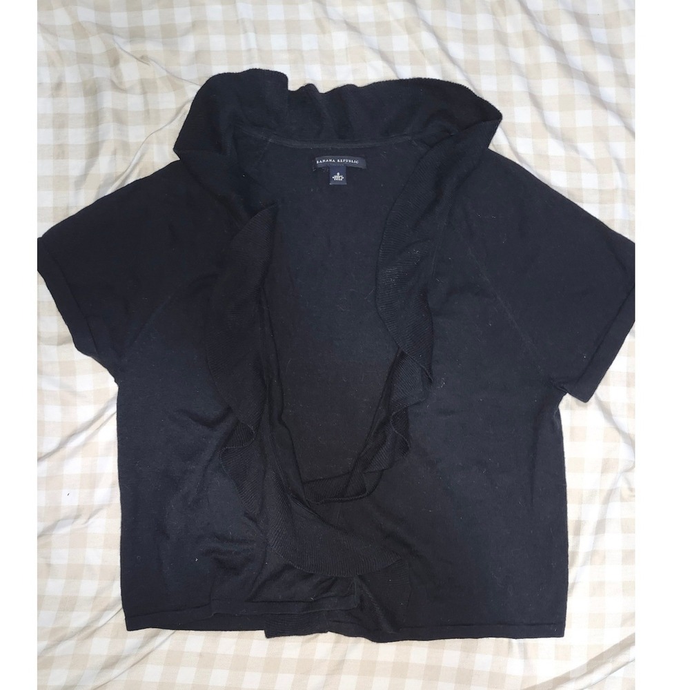 Banana Republic Black Ruffle‎ Open Front Short Sleeve Cardigan Sweater Small